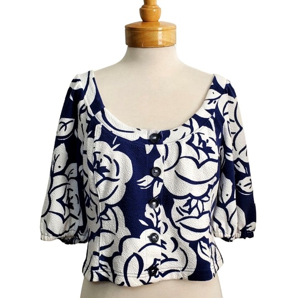 Anthropologie Maeve Amiens Blue & White Floral Puffed Sleeve Cropped Blouse - Picture 6 of 10